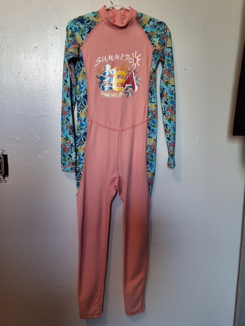 Kids Long-Sleeve One-Piece Rashguard Swimsuit - Pink with Floral Sleeves